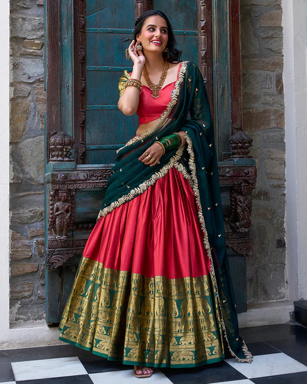 Womenline Red Color Narayan Pattu Silk Designer Half Saree