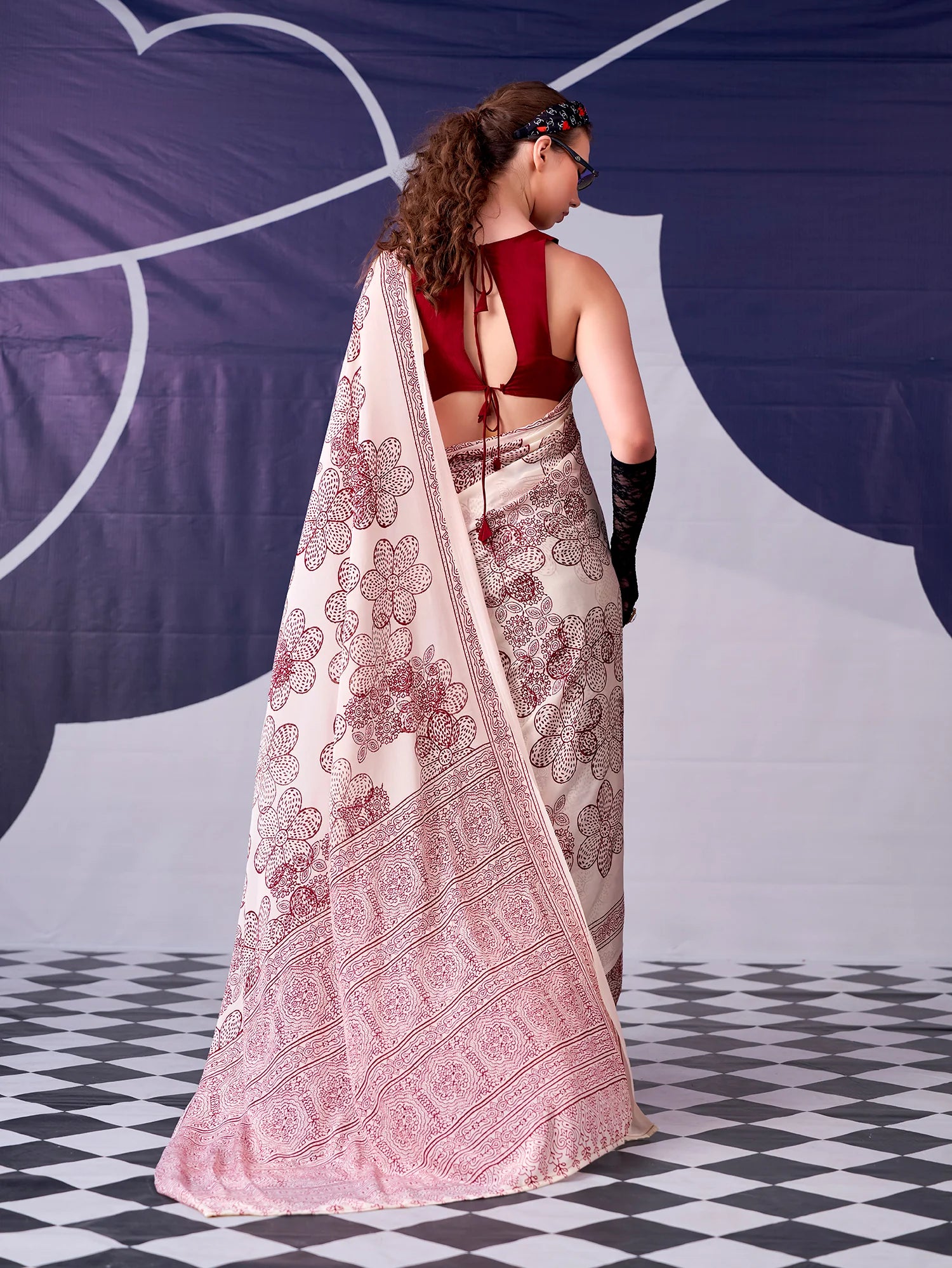 Womenline Maroon Colour Floral Printed Satin Silk Saree