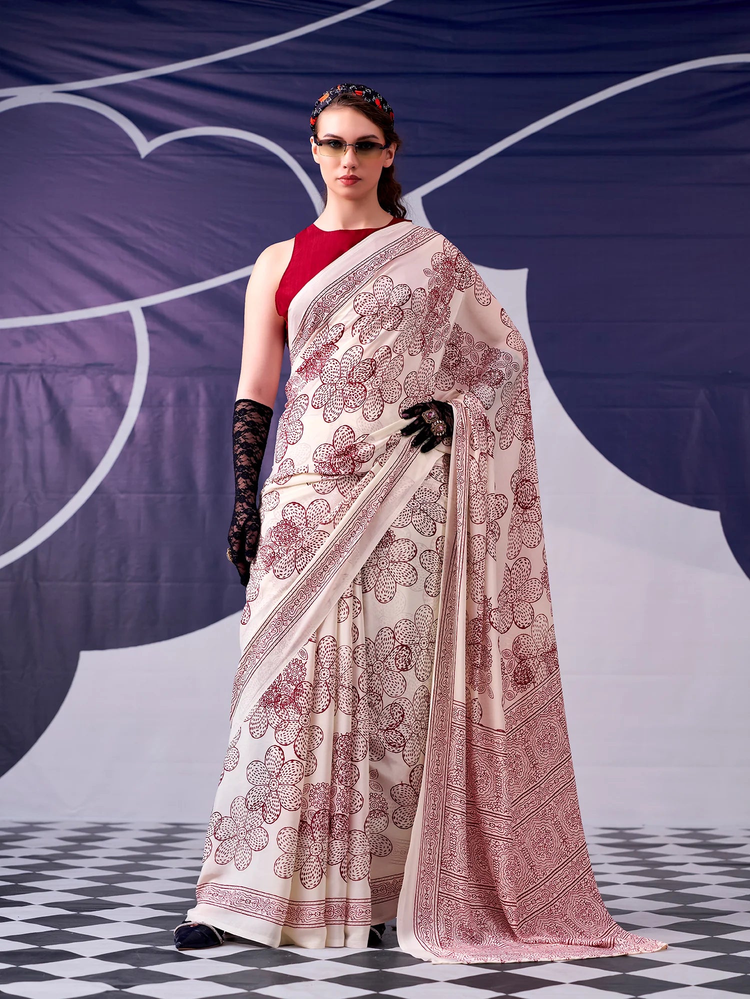 Womenline Maroon Colour Floral Printed Satin Silk Saree
