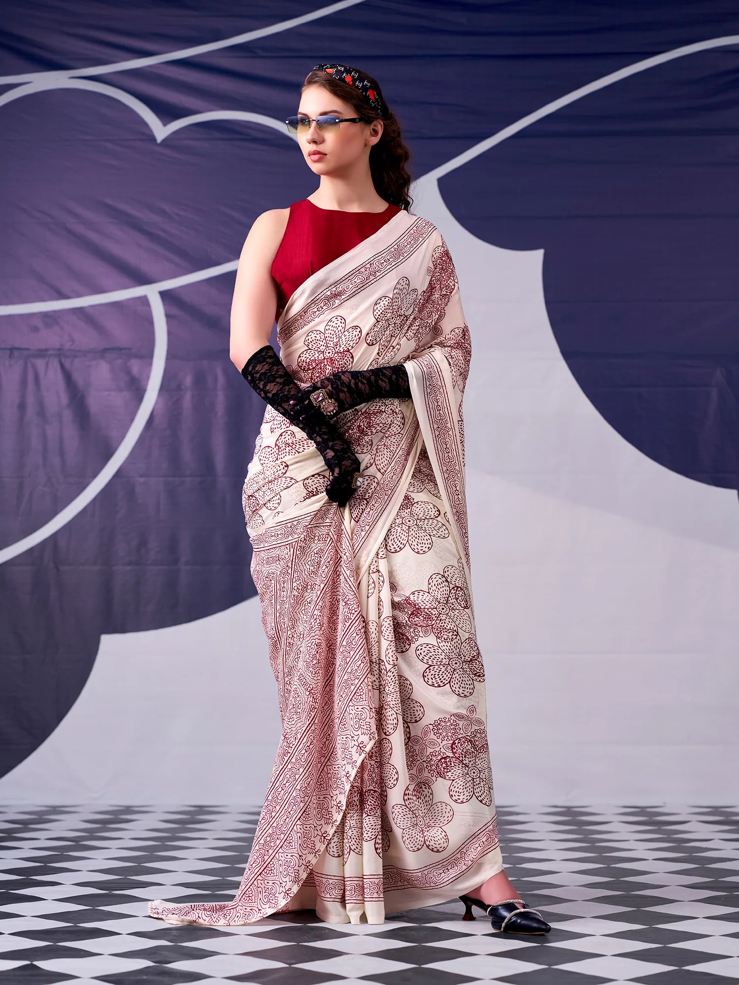 Womenline Maroon Colour Floral Printed Satin Silk Saree
