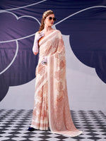 Womenline Peach Color Floral Print Satin Silk Saree