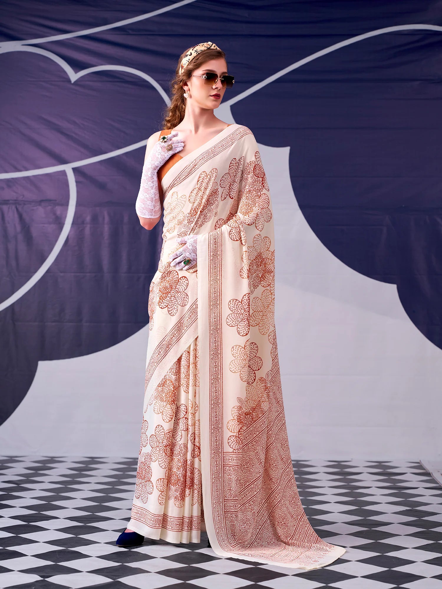 Womenline Peach Color Floral Print Satin Silk Saree