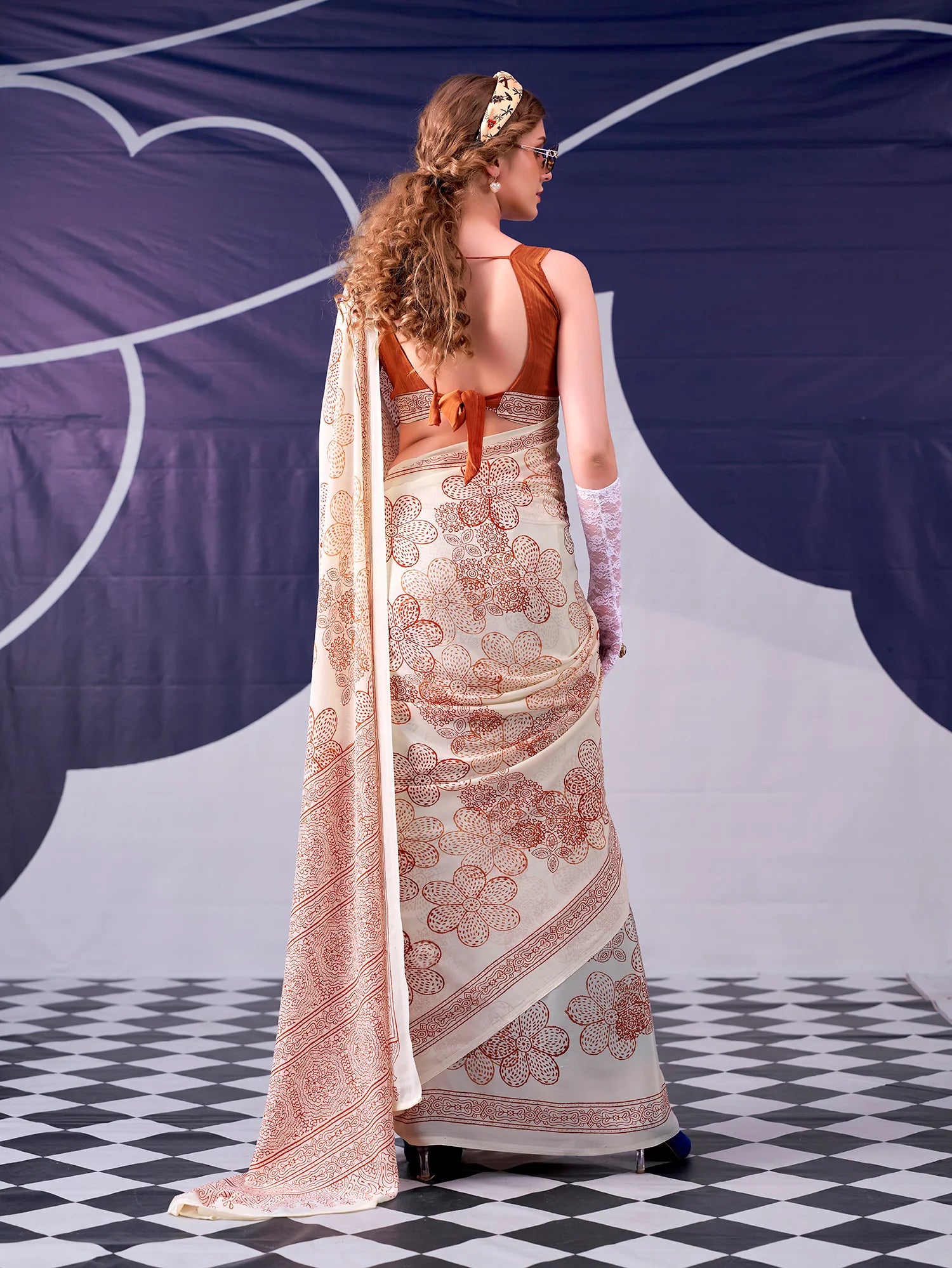 Womenline Peach Color Floral Print Satin Silk Saree