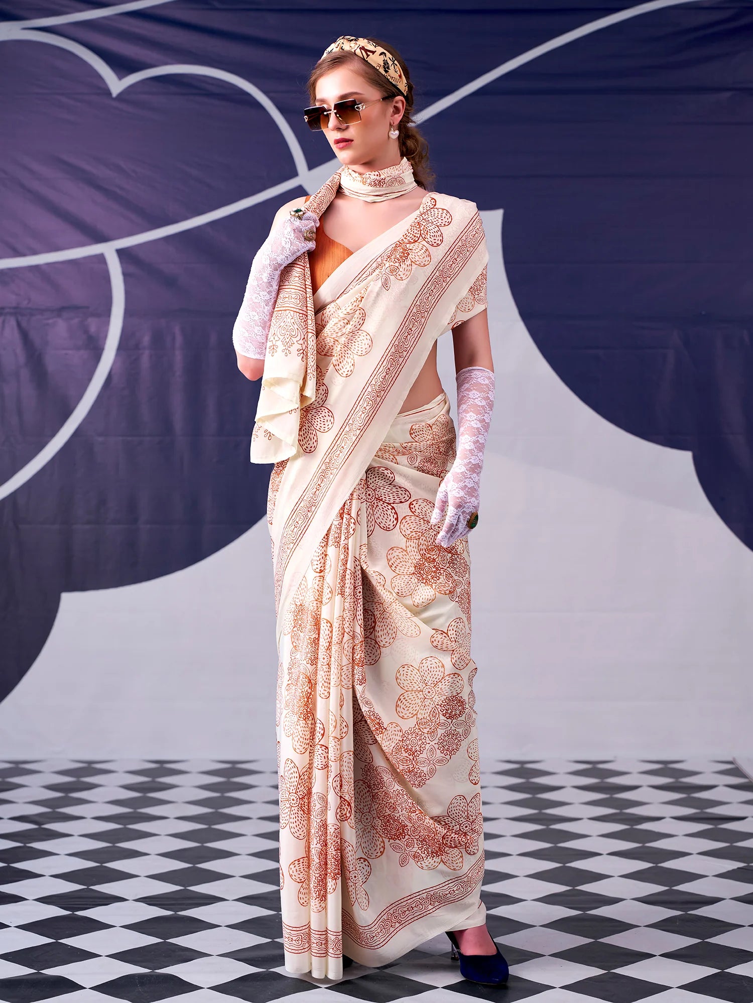 Womenline Peach Color Floral Print Satin Silk Saree