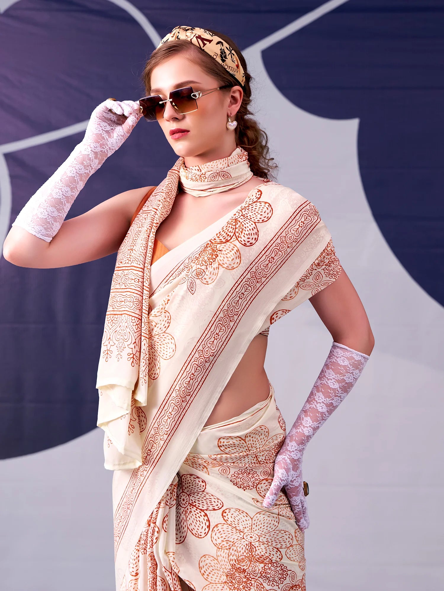 Womenline Peach Color Floral Print Satin Silk Saree