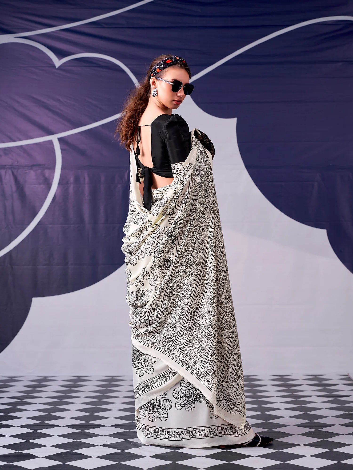 Womenline Black Color Floral Printed Satin Silk Saree