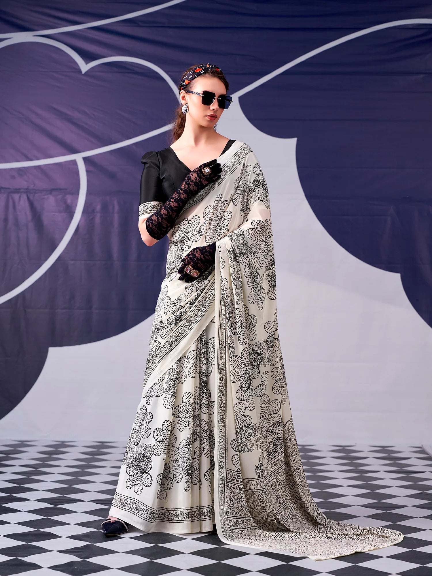 Womenline Black Color Floral Printed Satin Silk Saree