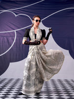 Womenline Black Color Floral Printed Satin Silk Saree