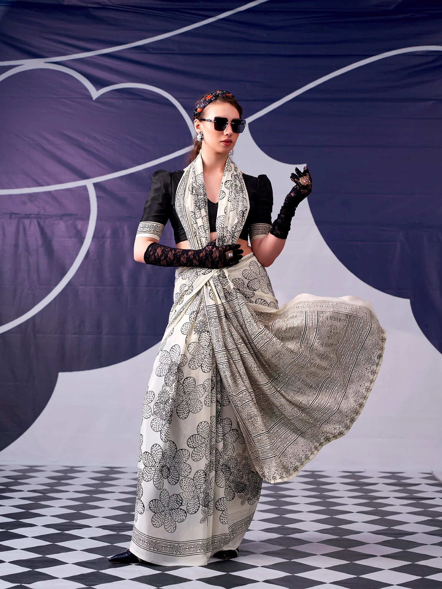 Womenline Black Color Floral Printed Satin Silk Saree