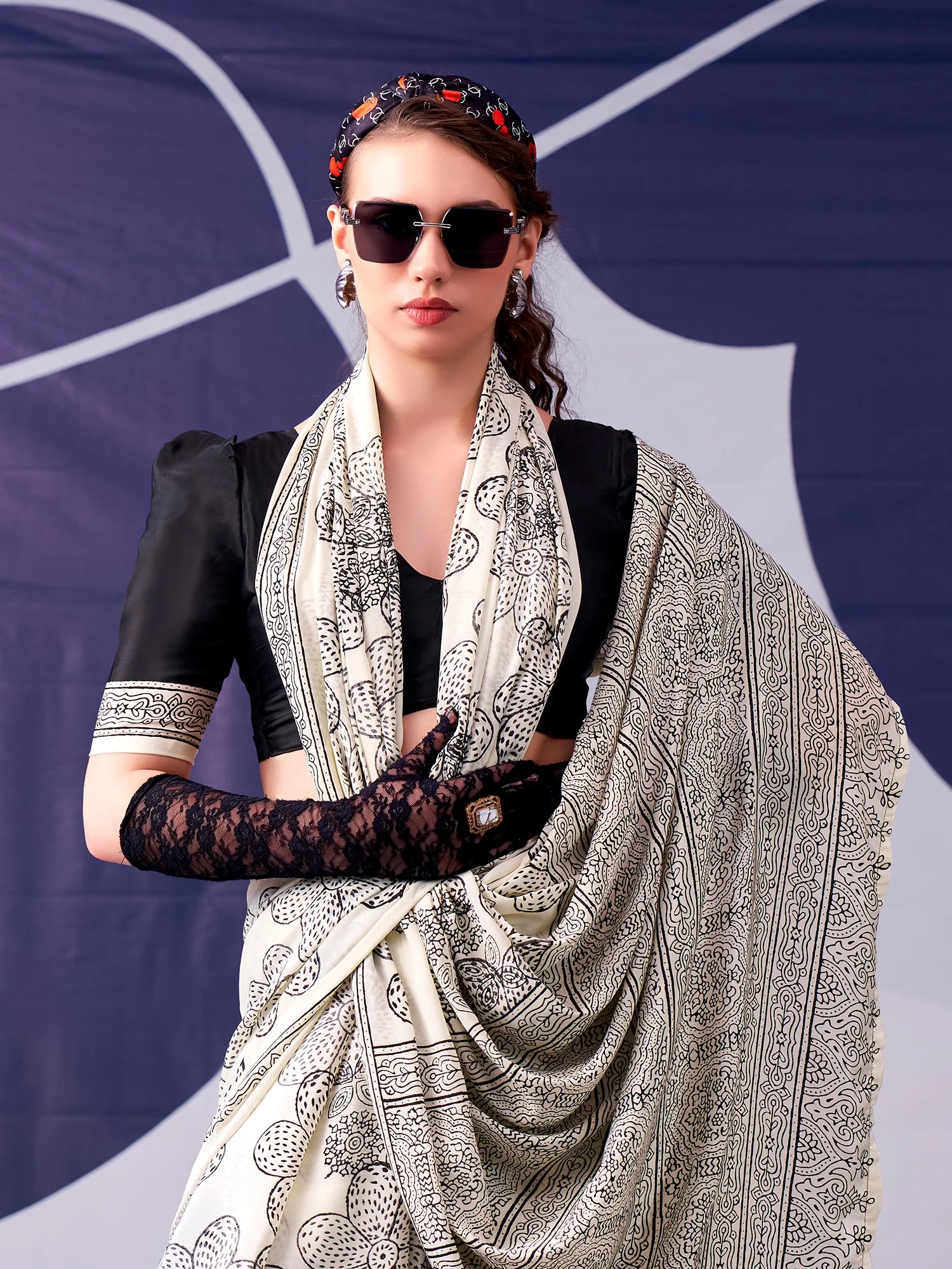 Womenline Black Color Floral Printed Satin Silk Saree
