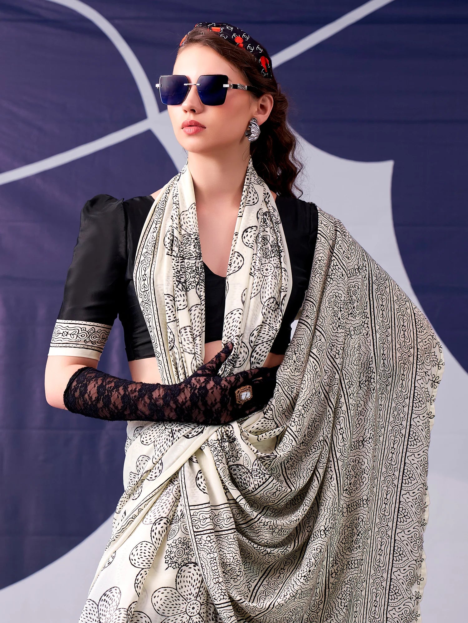 Womenline Black Color Floral Printed Satin Silk Saree