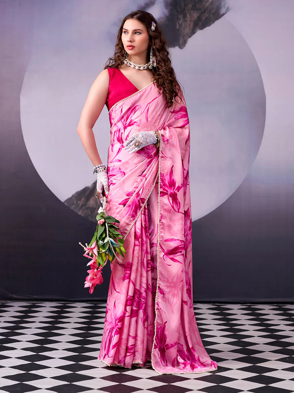 Womenline Stuning Pink Color Floral Print Satin Silk Saree
