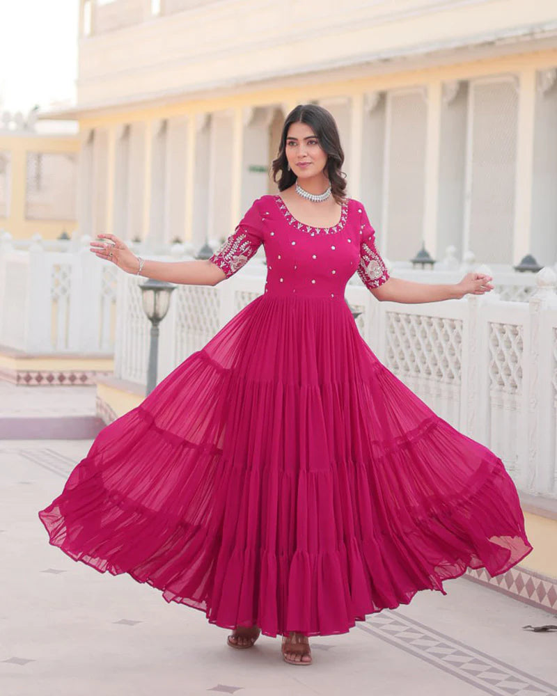 Womenline Pink Color Four Layer Georgette Embroidered Gown