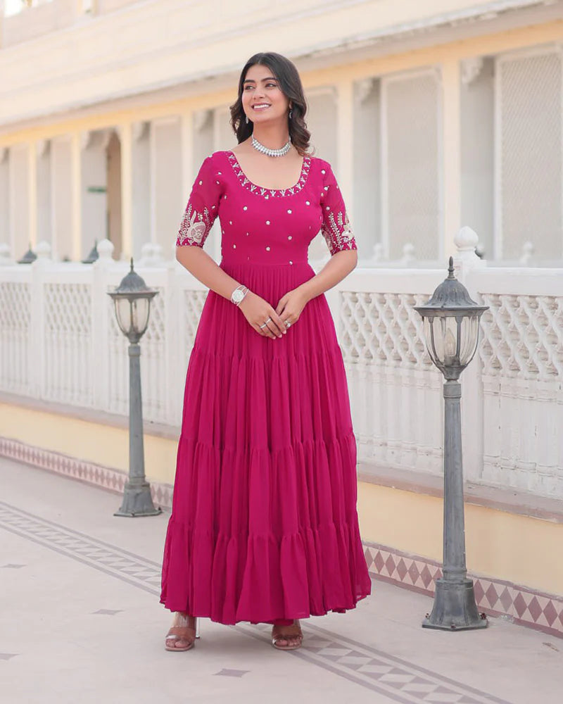 Womenline Pink Color Four Layer Georgette Embroidered Gown