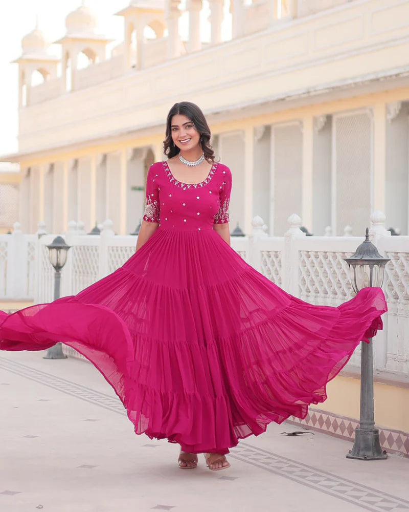 Womenline Pink Color Four Layer Georgette Embroidered Gown