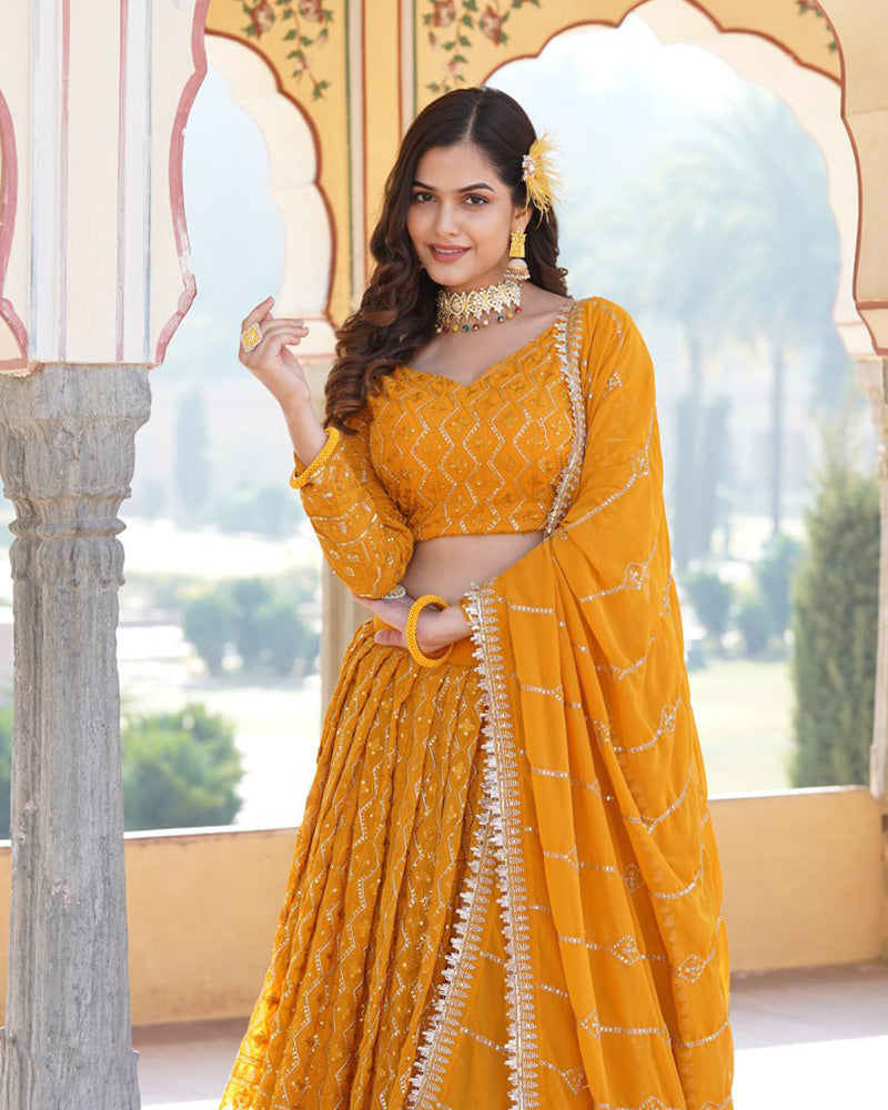 Womenline Yellow Color Georgette Heavy Embroidery Threaded Semi Stitched Lehenga Choli