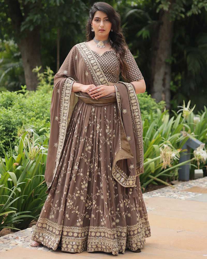 Womenline Brown Color Designing Blooming Lehenga Choli