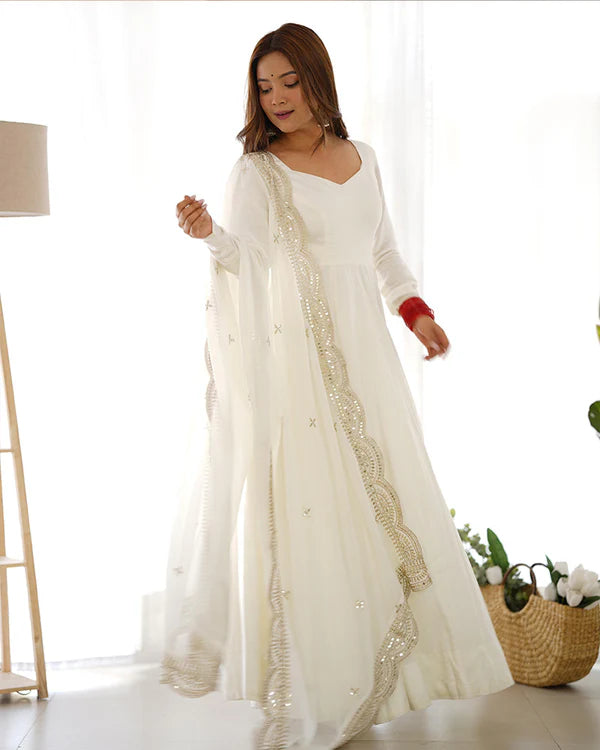Womenline Beautiful White Color Pure Chanderi Silk Three Piece Anarkali Suit