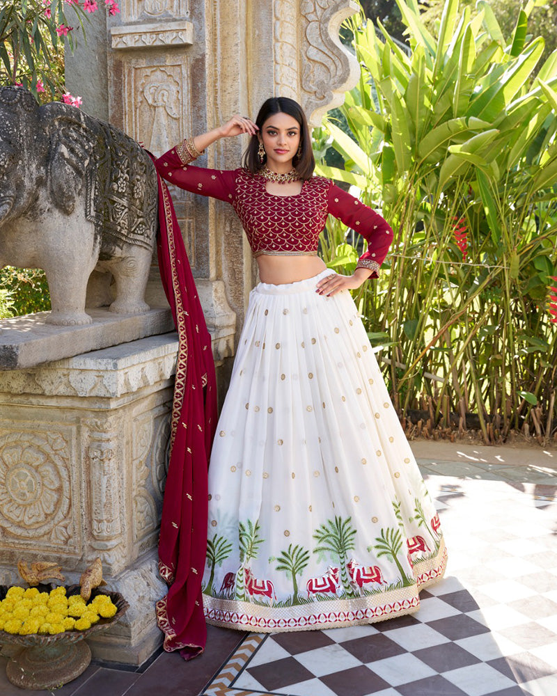 Womenline White Color Georgette Sequence Embroidered Lehenga Choli