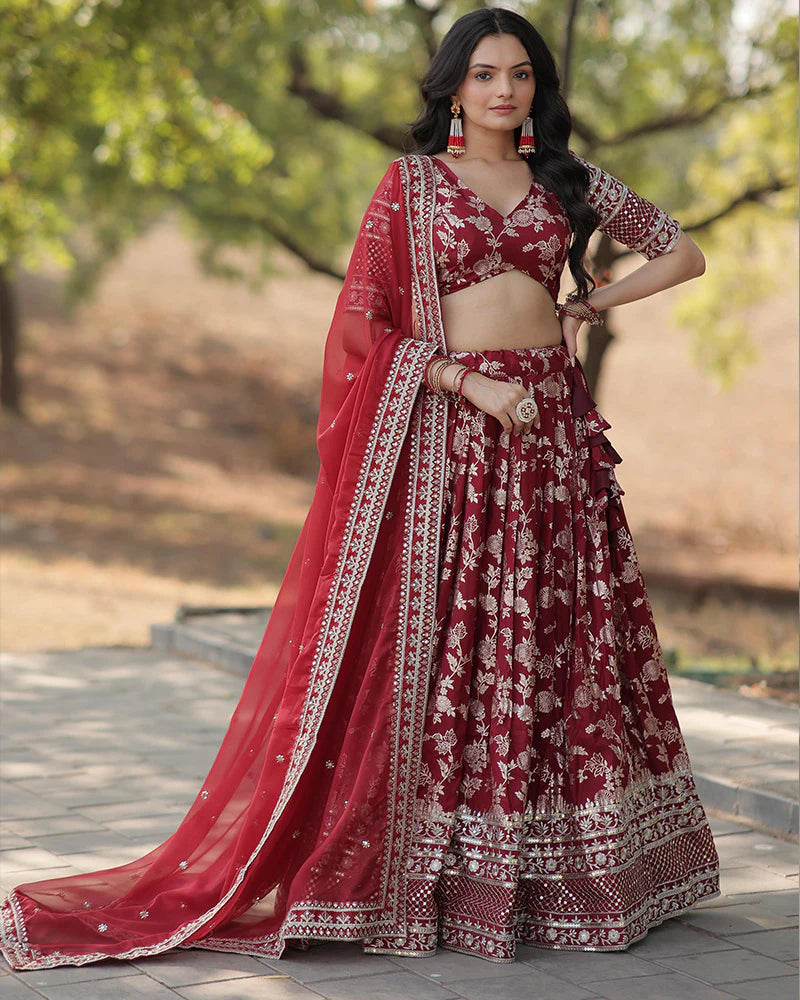 Womenline Maroon Color Pure Viscose Jacquard Lehenga Choli