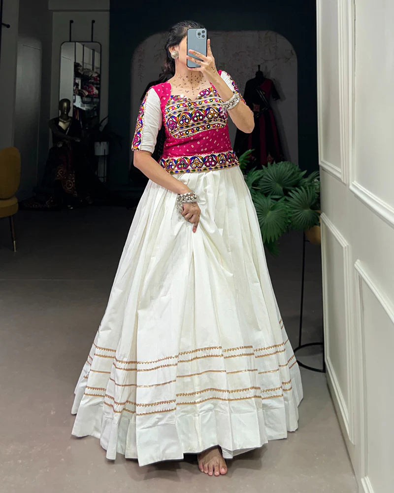 Womenline White Color Cotton Navratri Lehenga Choli