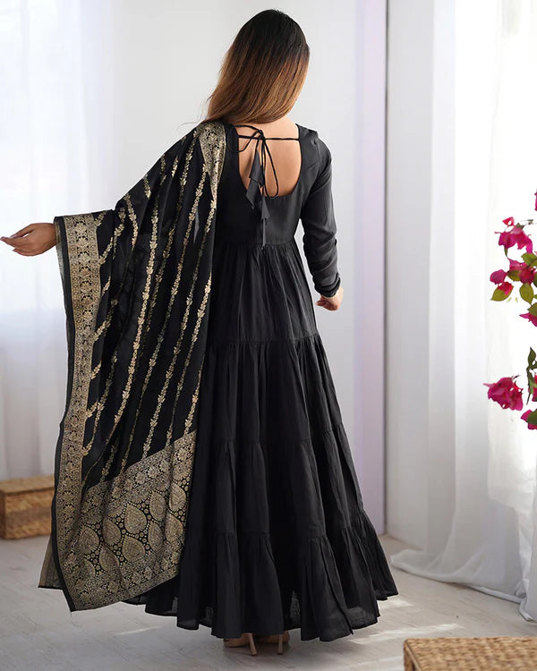 Womenline Black Color Pure Roman Silk Ruffle Style Anarkali Suit
