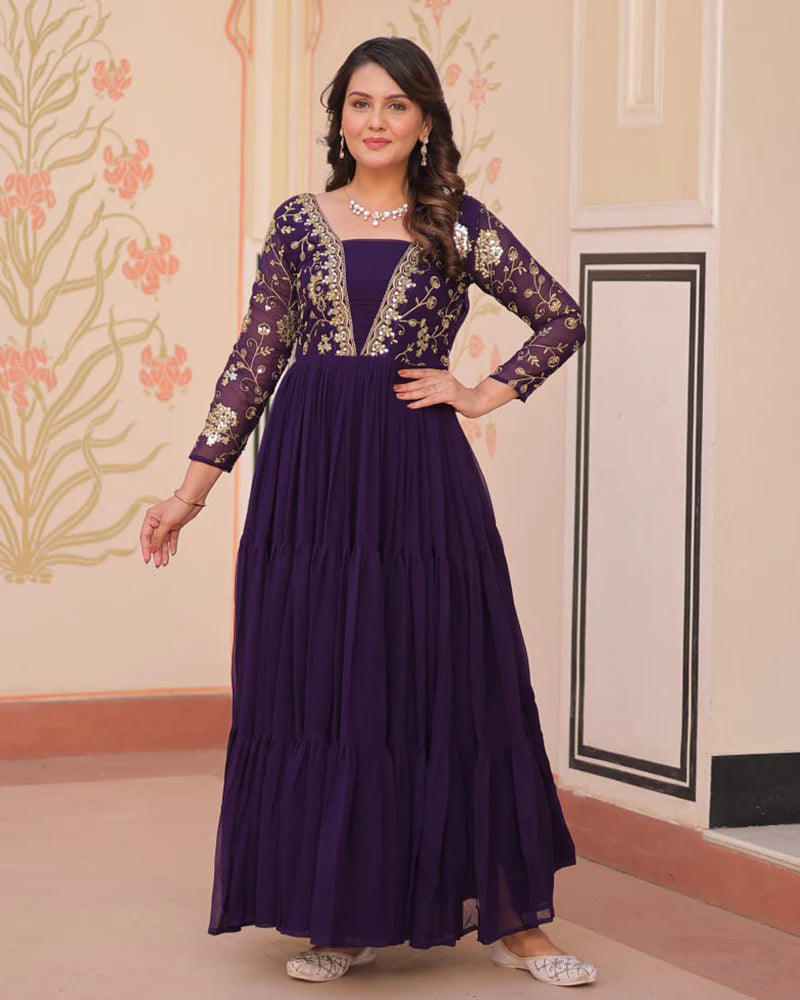 Womenline Elegant Purple Floor-Length Gown With Golden Threadwork