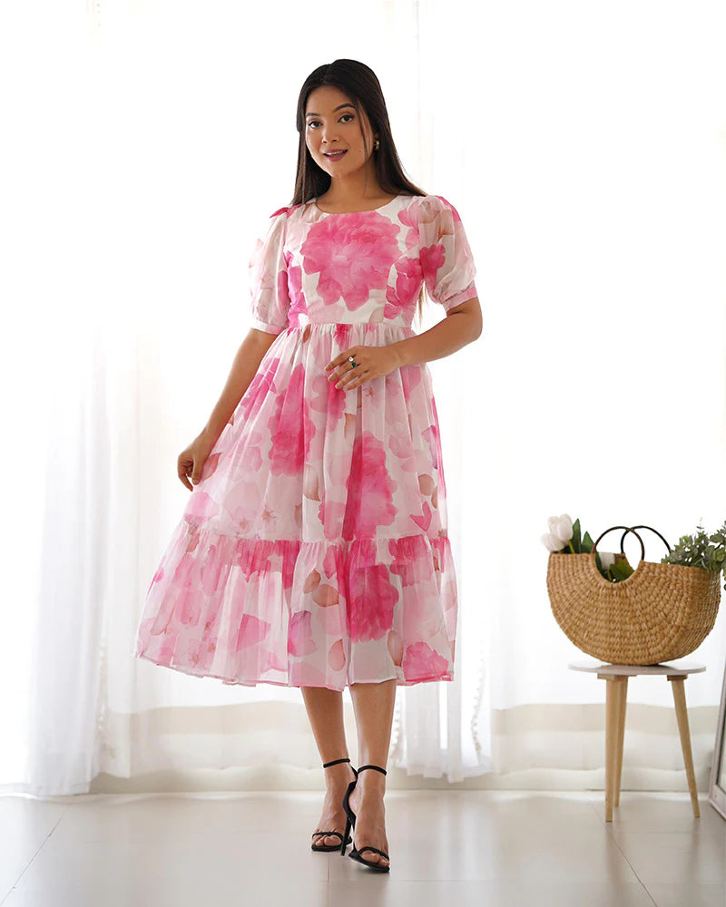 Womenline Baby Pink Color Floral Printed Organza Silk Tunic