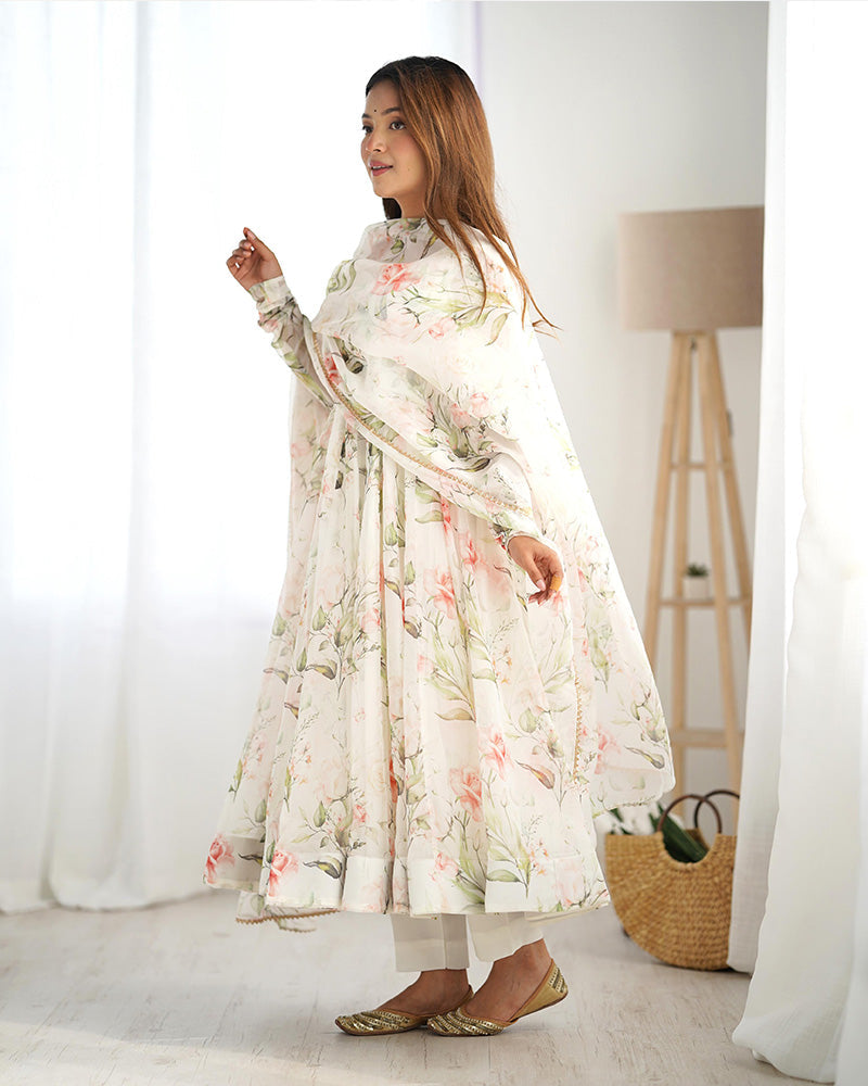 Womenline White Color Pure Soft Organza Three Piece Anarkali Suit