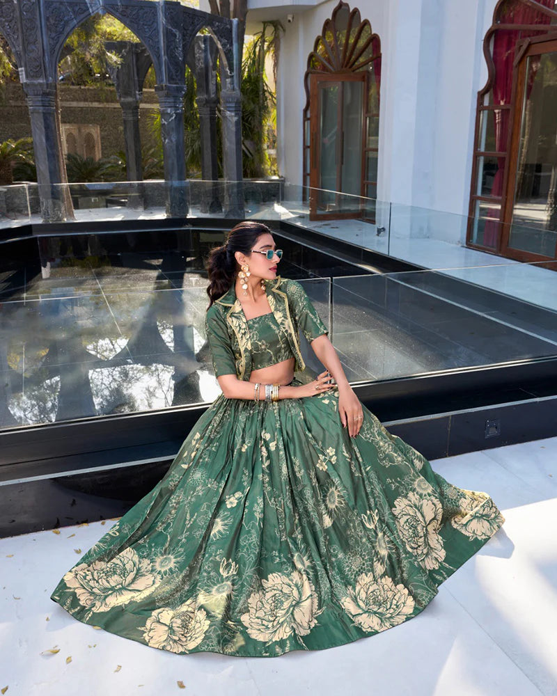 Womenline Bottle Green Color Tussar Silk Lehenga Choli With koti