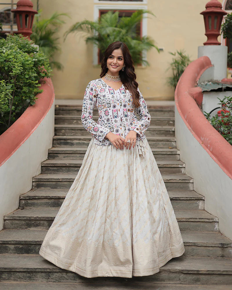 Womenline White Color Viscose jacquard Crop Top Lehenga Choli