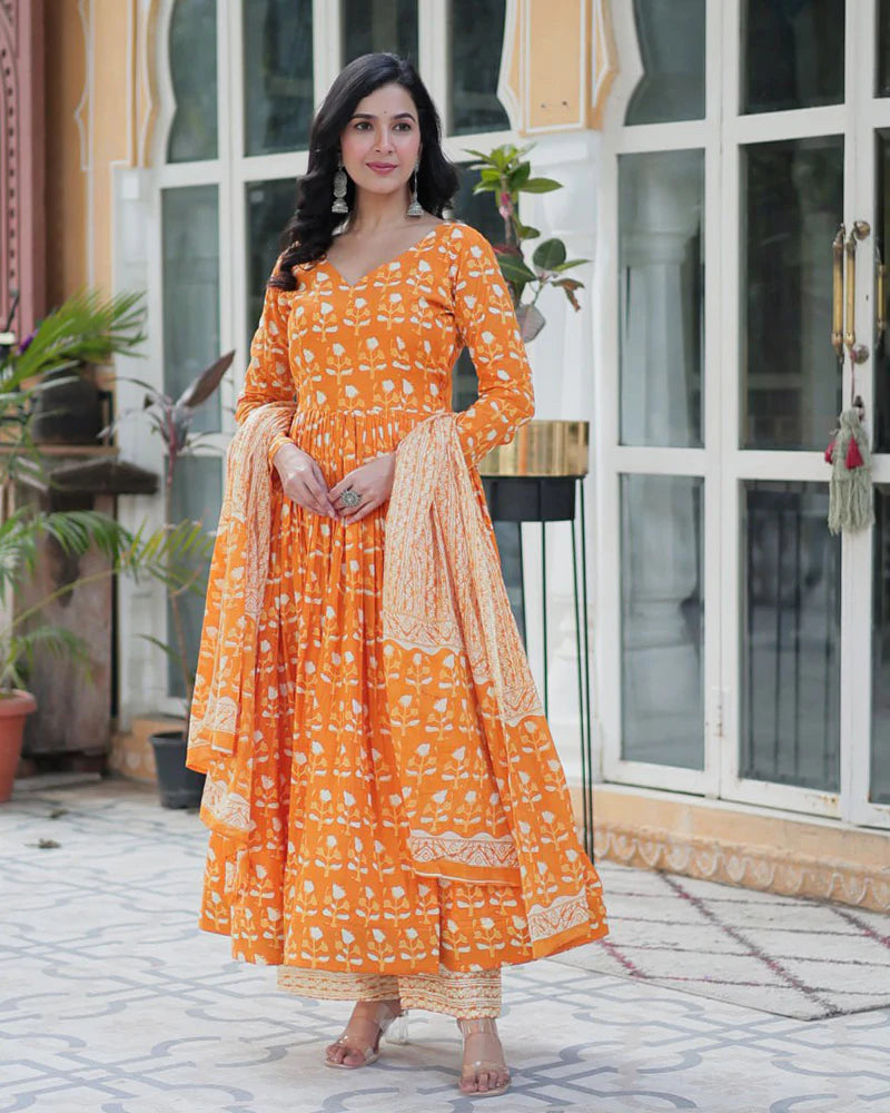 Womenline Orange Color Printed Pure Cotton Three Piece Kurti Suit