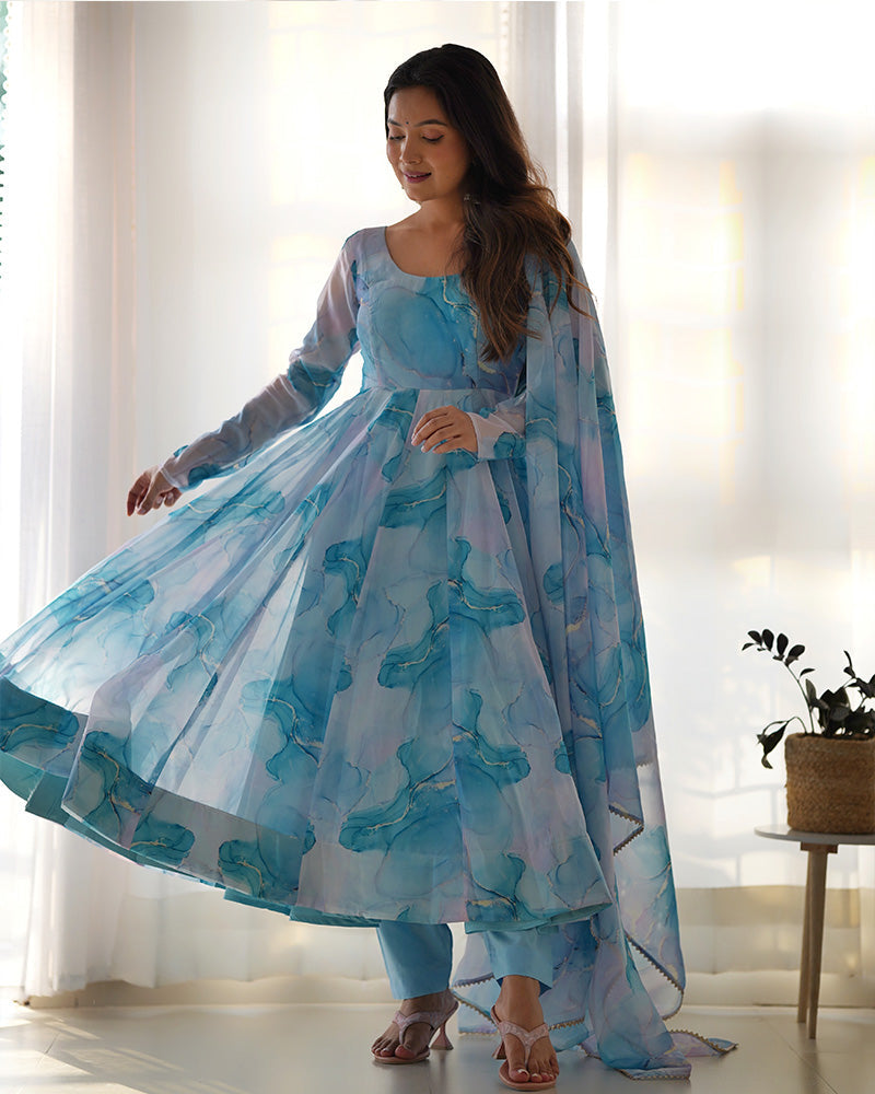 Womenline Sky Blue Color Pure Soft Organza Three Piece Anarkali Suit