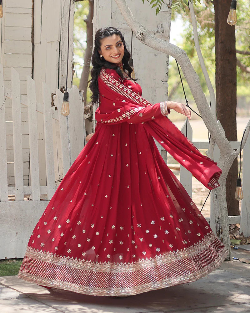 Womenline Designer Maroon Color Faux Blooming Embroidered Gown