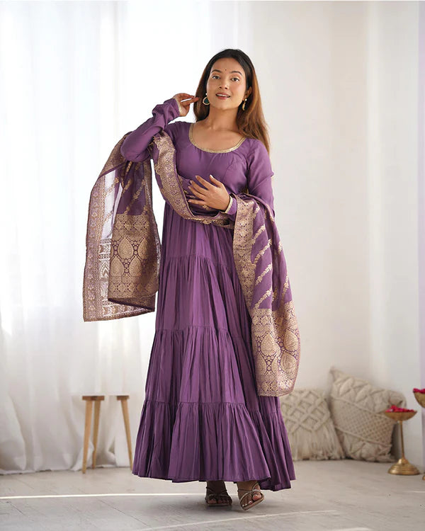 Womenline Dusty Purple Color Pure Roman Silk Ruffle Style Anarkali Suit