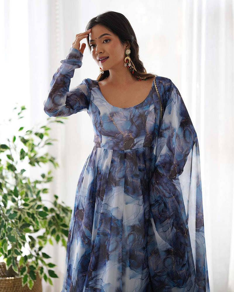 Womenline Navy Blue Color Pure Soft Organza Three Piece Anarkali Suit