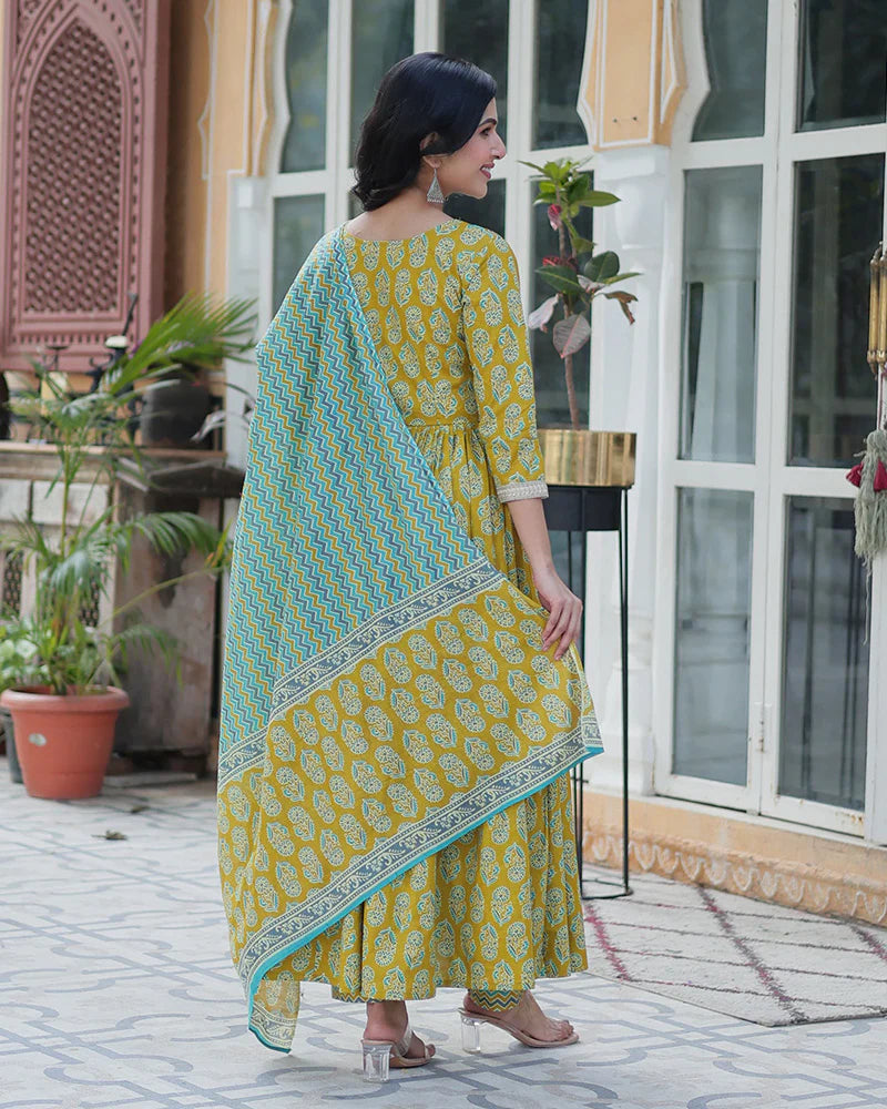 Womenline Lime Green Color Printed Pure Cotton Three Piece Kurti Suit
