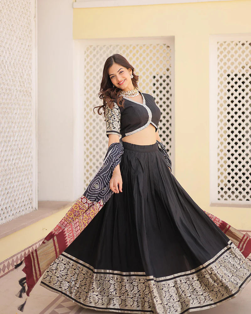 Womenline Black Color Jacquard Lehenga Choli With Gaji Silk Dupatta