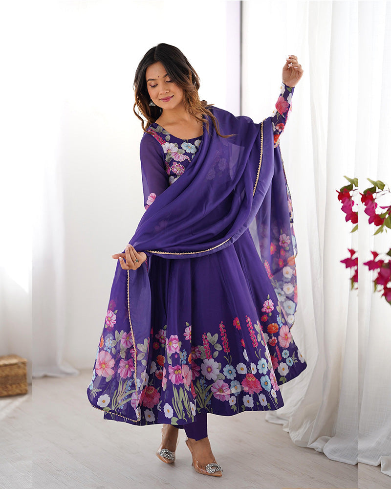 Womenline Purple Color Floral Print Organza Three Piece Anarkali Suit