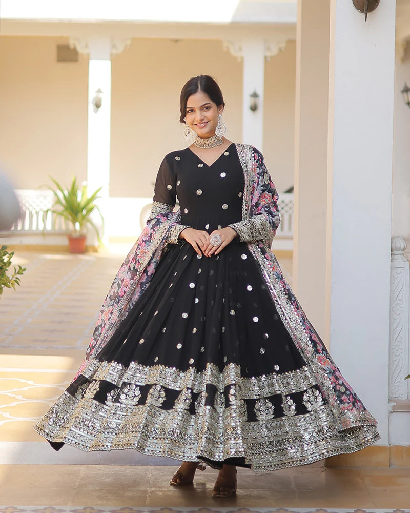 Womenline Black Color Faux Georgette Designer Gown With Dupatta