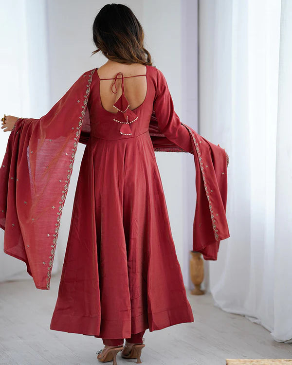 Womenline Maroon Color Roman Shimmer Chanderi Silk Three Piece Anarkali Suit
