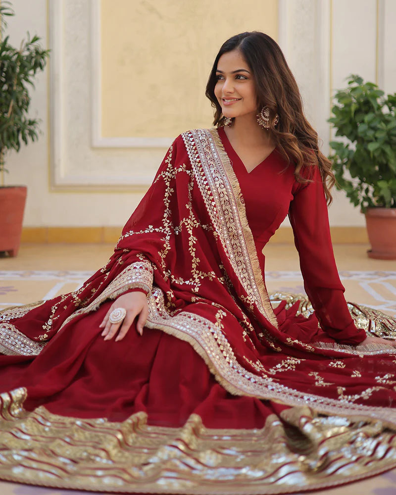 Womenline Designer Maroon Color Blooming Sequence Embroidery Work Gown