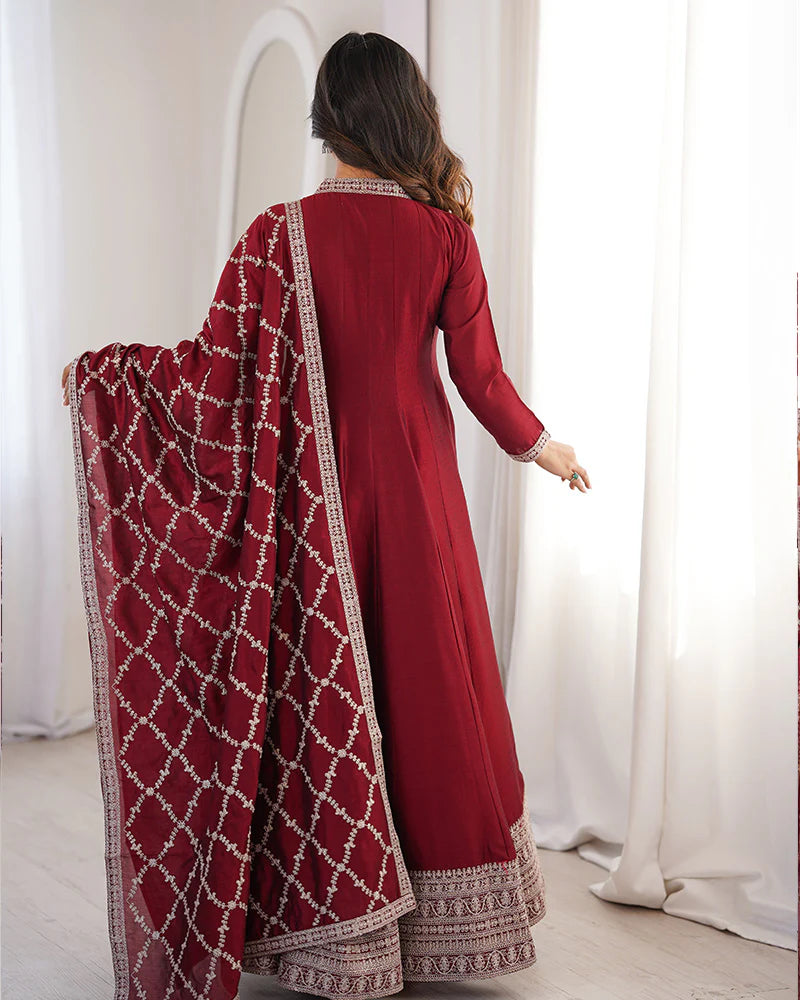 Womenline Maroon Color Vichitra Silk Embroidered Gown