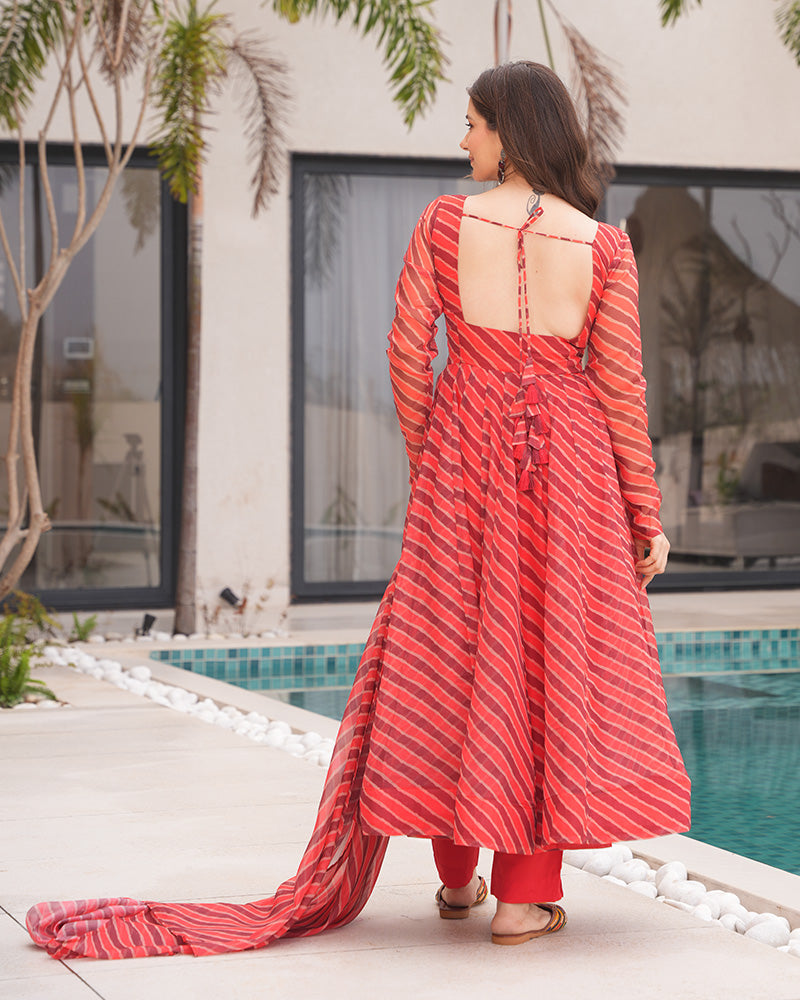 Womenline Orange And Brown Color Laheriya Print Tabby Organza Anarkali Suit