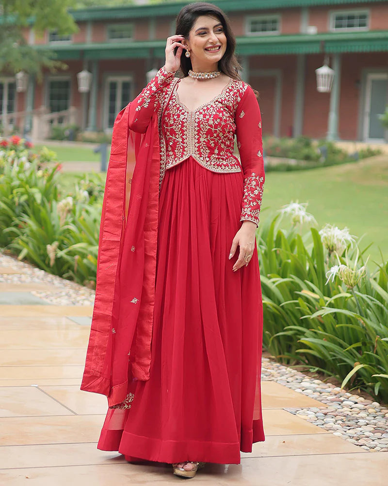 Womenline Pink Color Faux Blooming Multi Embroidered Work Gown