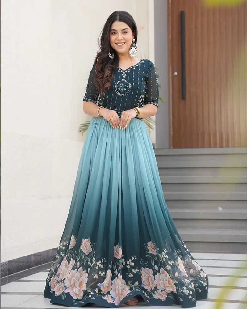 Womenline Rama Color Faux Blooming Embroidered work Gown