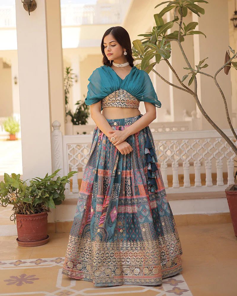 Womenline Rama Color Designer Russian Silk Embroidery Crop Top Lehenga Choli