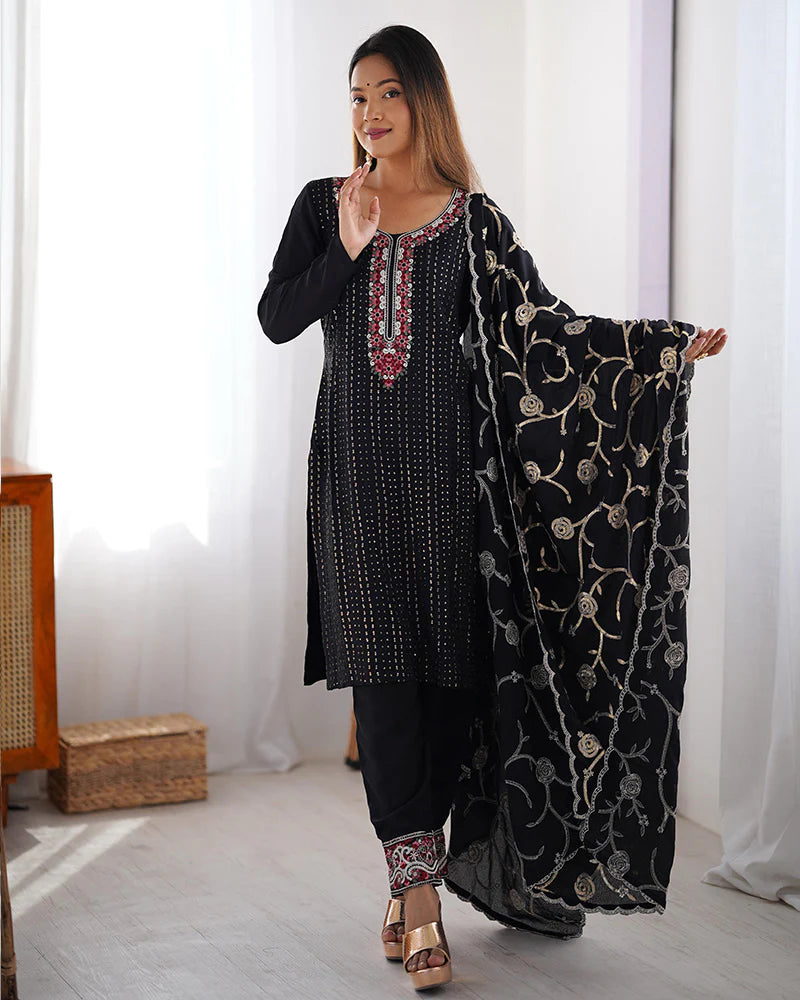 Womenline Black Color Chinon Silk Three Piece Kurti Suit