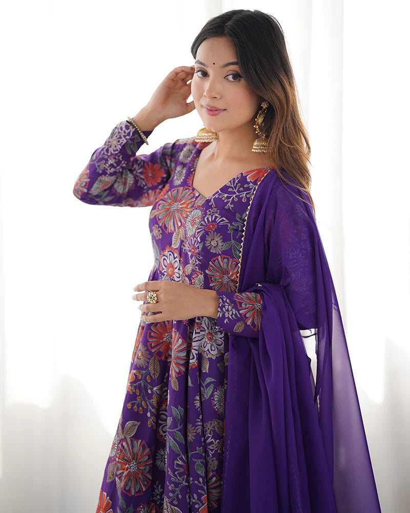Womenline Purple Color Roman Silk Discharge Printed Plazzo Suit