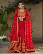 Womenline Red Color Faux Blooming Embroidered Gown